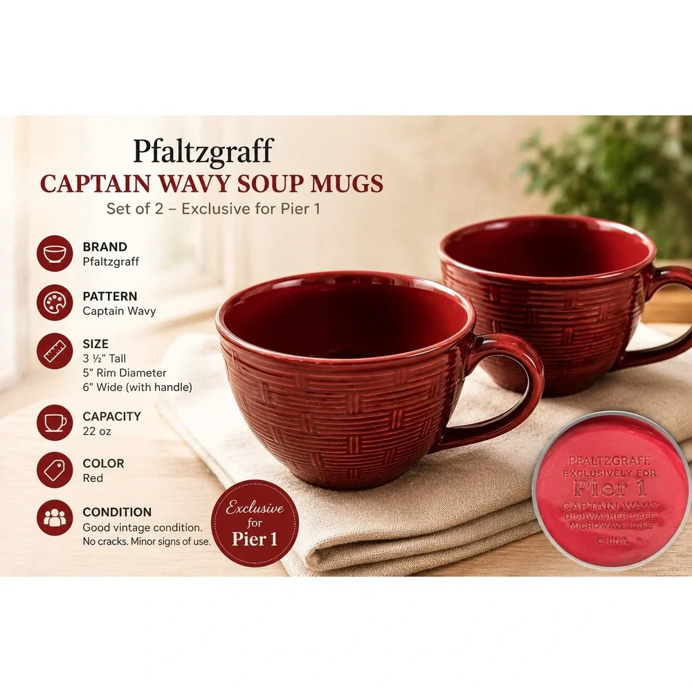 Pier 1 Rattan Weave Red Earthenware Coffee Mugs‎ Set of 2 Burgundy Basketweave